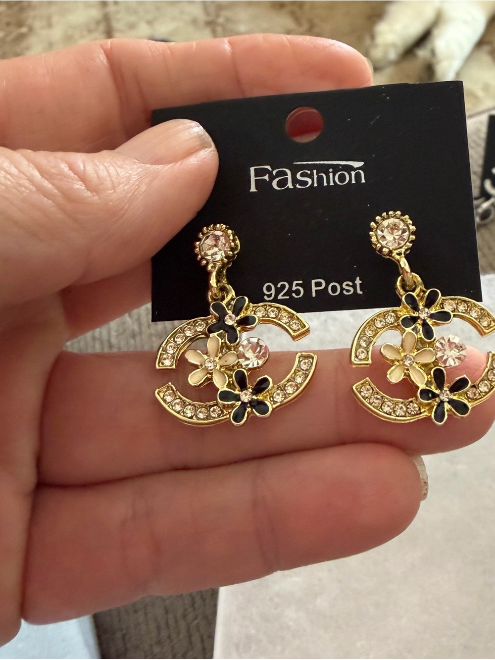 Gold Tine Floral Crystal Drop Post Earrings, black accent, Fashion Jewelry - Picture 8 of 8